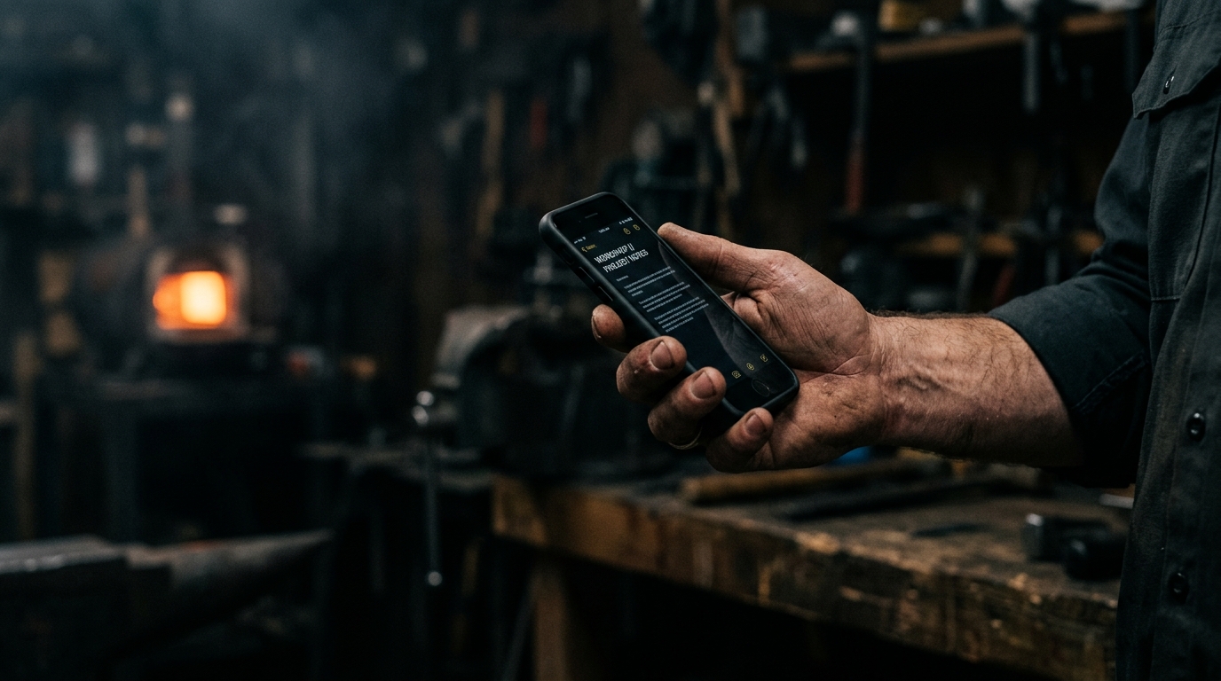 Handwerker-Hand mit Smartphone in dunkler Werkstatt mit warmem Akzent