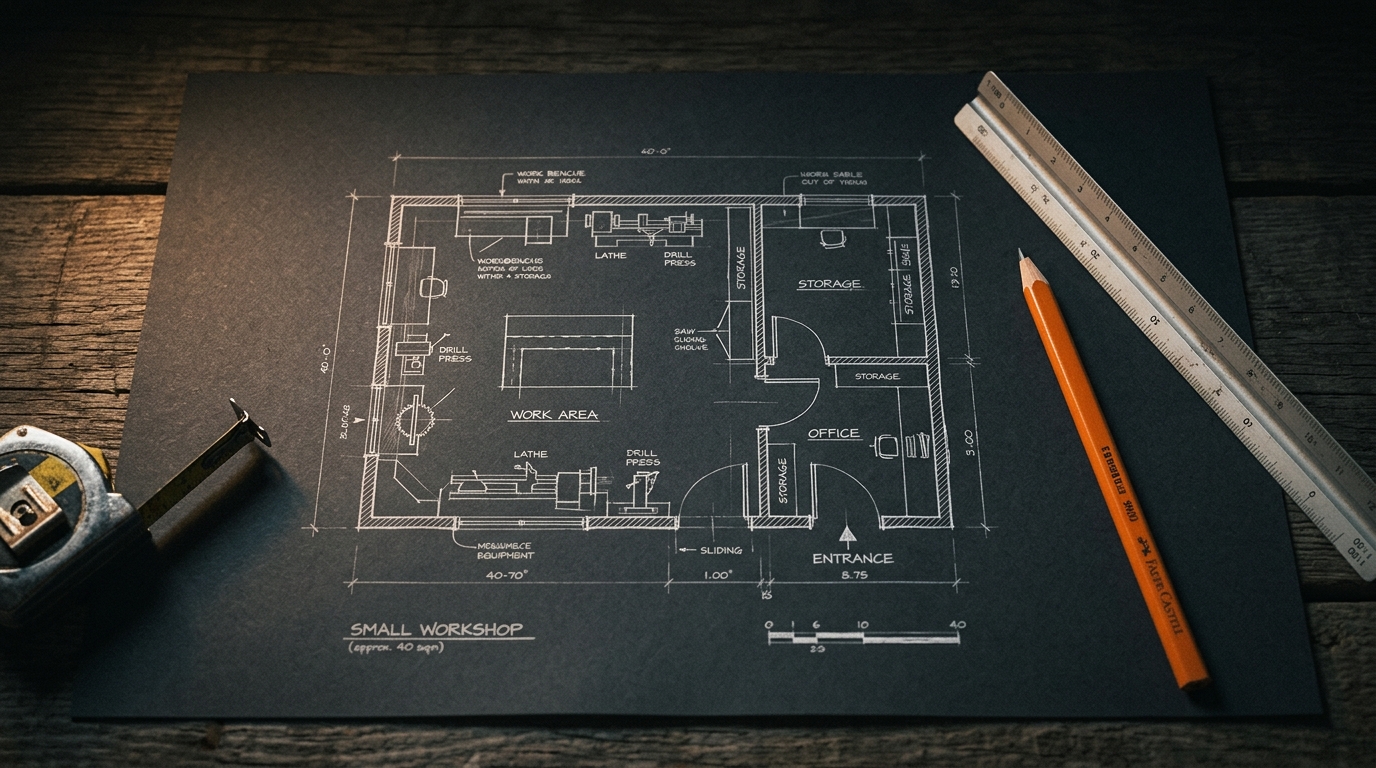 Werkstatt-Grundriss mit Bleistift und Maßband