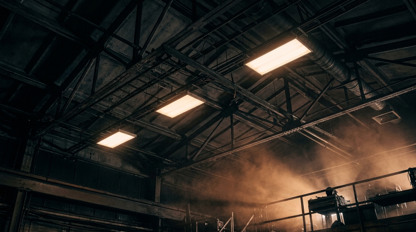 Industrielle LED-Panel-Beleuchtung in dunkler Werkstatt